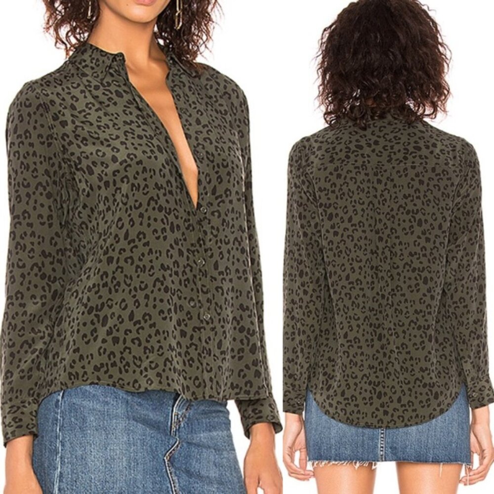 Rails Kate 100% Silk Button Down Blouse Olive Cheetah S Minimalist Designer $198 - Picture 4 of 16